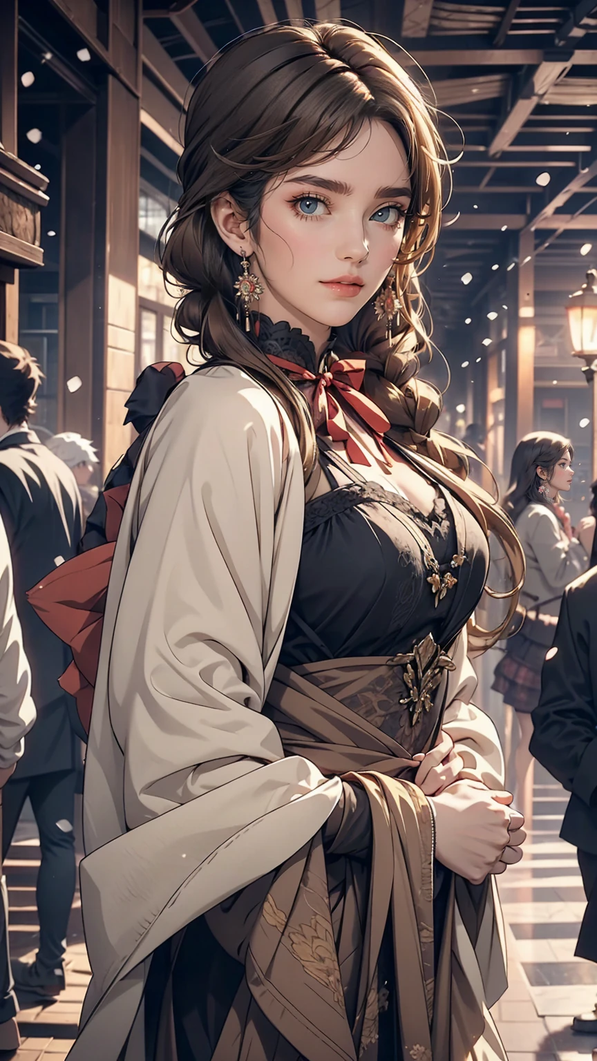 Starry Eyes, Looks even more beautiful than immortal, Ahoge, hair, Star-shaped pupils, Amber Eyes, Colored contact lenses, blush, High detail, anime, Romanticism, Modern, Gothic art, anime style, Cinema Lighting, Ray Tracing, Motion Ry, close, Sony FEGM, Ultra-high resolution, High detail, highest quality, 8k, Big Breasts, light brown hair, Have, Twin tails, Clean your fingers, Well-formed fingers, Long jacket, ribbon, mystery, knitted Have, snow, anger, impatience