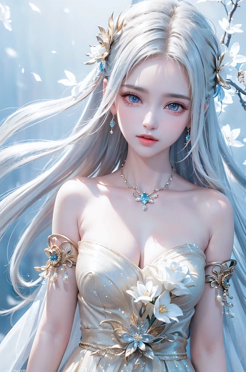 ((From the waist up))((masterpiece:1.5、8k、Portraiture、Photorealistic and very detailed CG、Very detailed、Particle Effects、Dynamic Effects、Written boundary depth、Cinematic Light、Lens flare、Ray Tracing、Tabletop、Realistic:1.4、超A high resolution:1.2、Realistic、Realistic))((alone、Woman in off-the-shoulder dress:1.4、Model-like pose、Ample breasts、Detailed face、brightexpression、young, bright, Whiter skin、Best Looks、Ultimate beauty、White hair with shiny highlights:1.8、bright and shiny hair,、Super long, Silky straight hair、Hair swaying in the wind))(Wonderful transparent flower々Surrounded by、White Background、Great background、Thin petals fluttering down)