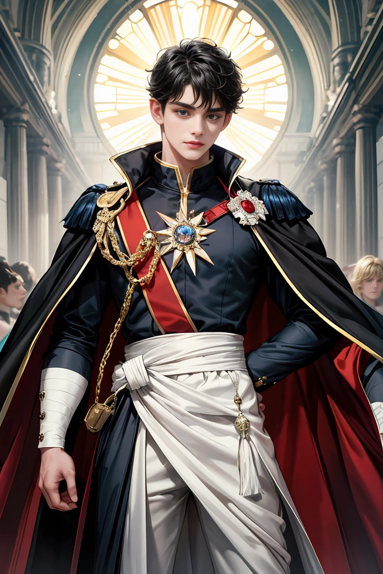 masterpiece, 最high quality, high quality, 1 boy, alone, Male focus, Watching the audience, Messy black hair, Adorable big blue eyes, White, Noble, Noble,Wild Bomber Cape、A very voluminous, large, very large, very large, long, long red and black cape with a high stand-up collar, made of a lot of fabric that reaches down to the floor., 17 years old,Cute beautiful boys,Cute, cute, kind, handsome guy