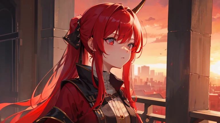 girl with red long hair, hair tied up, eyes upturned, cool girl, red sexy royal clothes, 8k resolution, red sky, horn, magic, fantasy