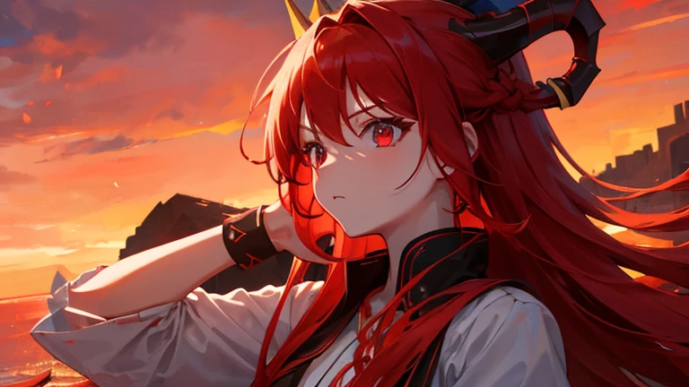 girl with red long hair, hair tied up, eyes upturned, cool girl, red sexy royal clothes, 8k resolution, red sky, horn, magic, fantasy 