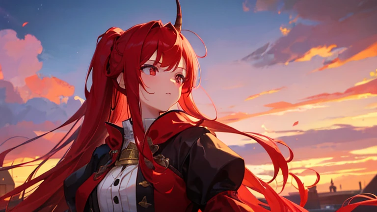 girl with red long hair, hair tied up, eyes upturned, cool girl, red sexy royal clothes, 8k resolution, red sky, horn, magic, fantasy