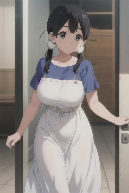 (((Pixel Perfect, Perfect in every detail))), alone, One Girl, tamako kitashirakawa, , Show Viewer, smile, （Huge breasts:1.5）、(Round neck short sleeve maxi tight dress:1.2)、From the side