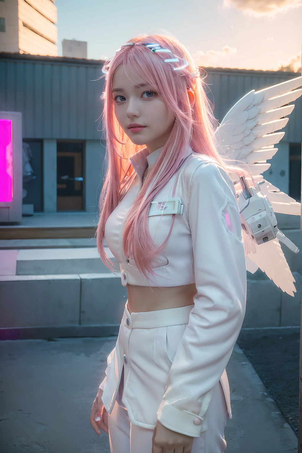 ((masterpiece, best quality, Very detailed), Volumetric Lighting, Ambient Occlusion, rich and colorful, Luminescence),
1 Girl, Solitary, Young Girls, (Pink Hair), long hair, Halo, halo, sacred, goddess, Network Package, (White suit:1.3), Android, robot, Angel Wings,
outdoor, Sunset, Sky, cloud, space, (Cyberpunk theme:1.2),