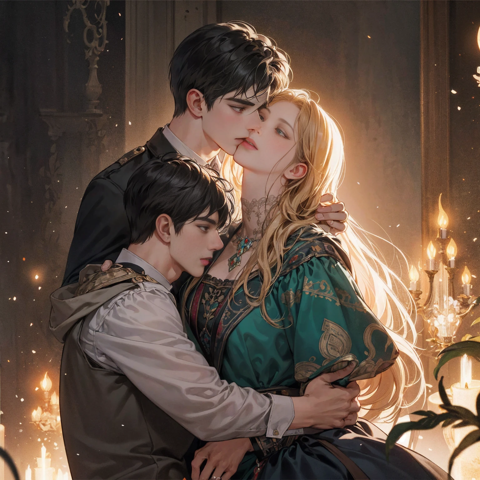 a portrait of Constantine the Great and his beloved Minervina, romantic lovers embracing passionately, dramatic and lyrical scene, warm and tender, ultra-detailed, exquisite dramatic lighting, lush and vivid colors, photorealistic, intricate details, high quality digital art