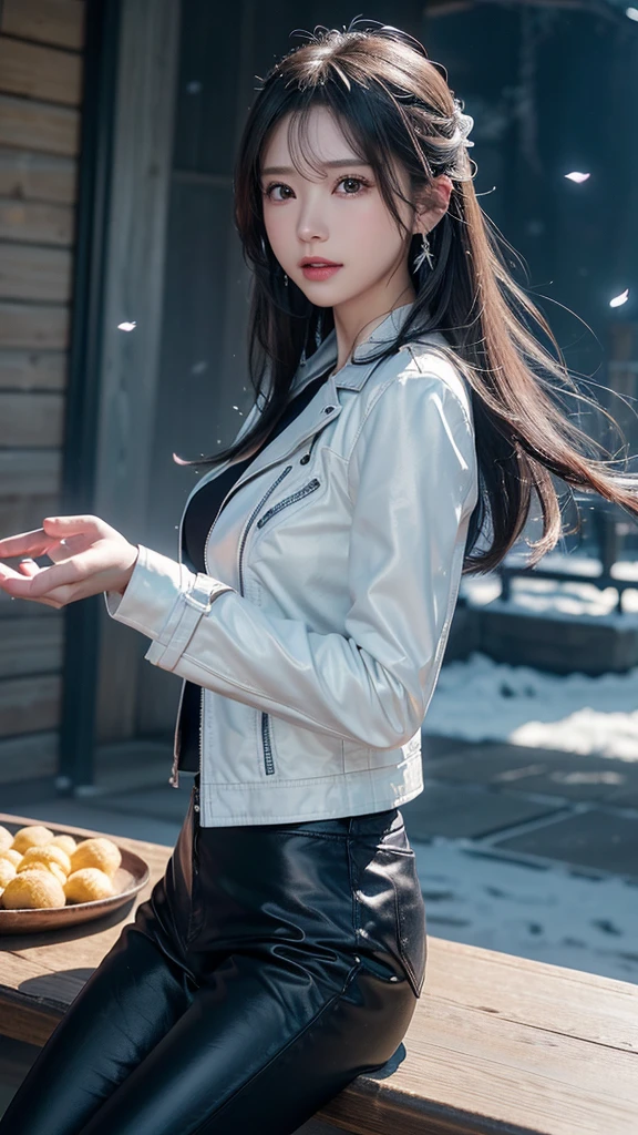 ((Logo、masterpiece、8K、On the table、RAW photos、wonderful、最high quality、フォトリアリスティックでVery detailedな CG 統合 8K 壁紙、high quality、Very detailed、narrative poem、Particle Effects、dynamic effect、Written border depth、light、lens flare、Ray tracing、On the table、Practical:1.4、Ultra-high resolution:1.2、Practical、Practical))、fantasy、Anatomically correct、Solitary、1 female、show viewer、Delicate face、Silver Hair、Medium-length hair、髪がWindで踊る、hair jump、Halter、White leather pants、White leather jacket、Silver earrings、night、Wind、night空、Beautiful background、のWind、xianxia、Auspicious Clouds、falling petals、The scene was covered with ice and snow、A blue halo shines behind