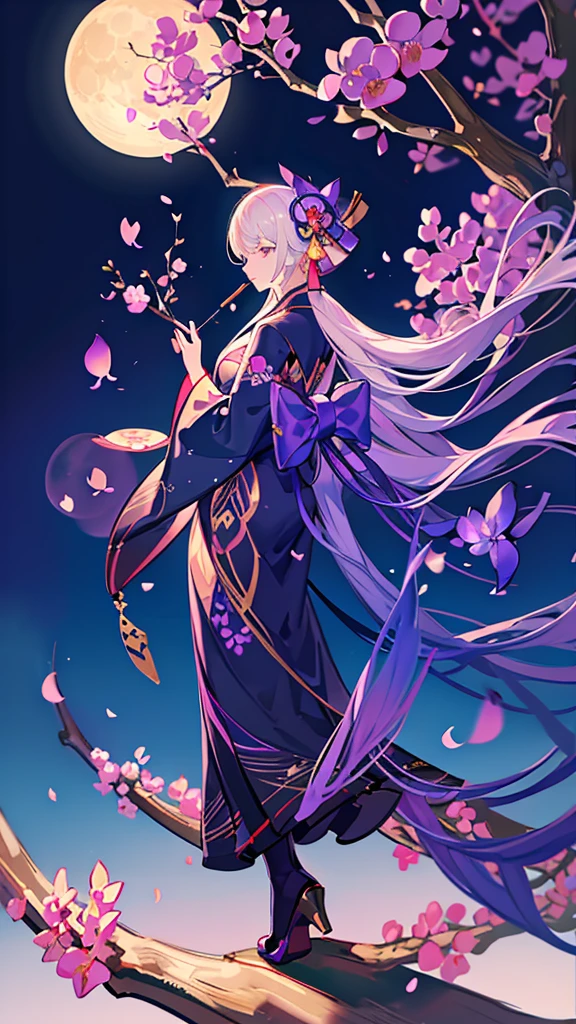 masterpiece,highest quality,Wisteria flowers are blooming,Beautiful woman in kimono standing,The moon shines beautifully,Beautiful woman holding a cigarette,Smoke makes it mysterious
