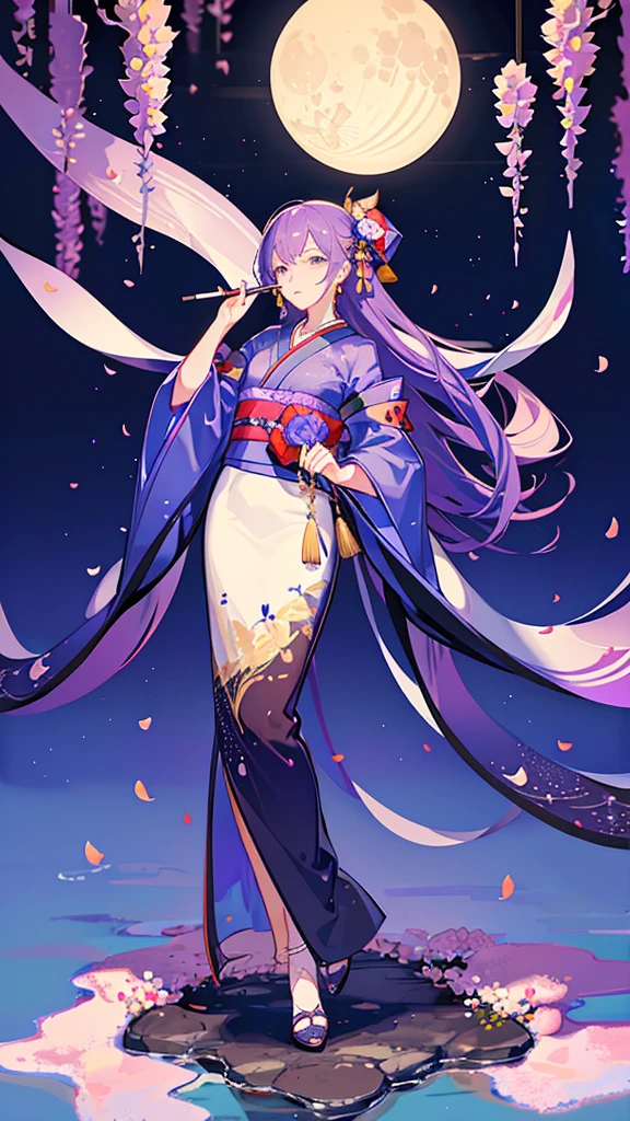 masterpiece,highest quality,Wisteria flowers are blooming,Beautiful woman in kimono standing,The moon shines beautifully,Beautiful woman holding a cigarette,Smoke makes it mysterious