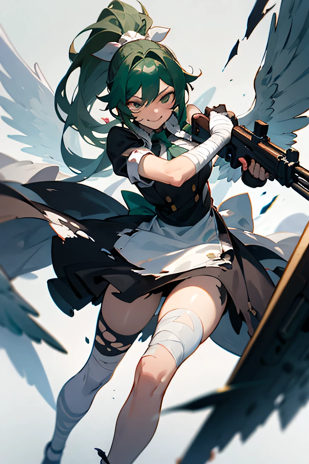 ((best quality)), ((masterpiece)), (detailed), torn clothes, gun shooting pose, eyes covered with bandage, battle maid, long hair, dark green hair, handsome woman, I closed my eyes with a bandage, bandage, scarred legs, X-shaped scar on face, high ponytail, grinning expression, Posing with a machine gun, wings on back