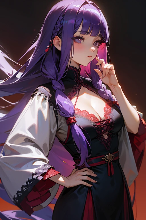 1 girl, Blunt bangs, Braiding, Wide sleeves, hair ornaments,Red and navy lace、(Purple Hair:1.2), Very long hair, Straight hair, Looking at the audience, Highly detailed background, (Realistic:1.2), Beautiful Eyes, Red eyeshadow, Written boundary depth，thigh, (Ulzzang-6500:0.7), Upper Body, (alone:1.2), Cleavage, Shiny skin、Hair blowing in the wind、Four fingers, One thumb、Rose、Floral pattern on clothes、drink alcohol、Place your hands on your hips、