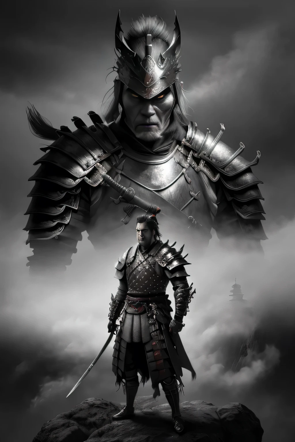 a samurai warrior, detailed facial features, intricate samurai armor, katana sword, standing in a misty japanese landscape, dramatic lighting, cinematic composition, digital art, hyper realistic, 8k, photorealistic