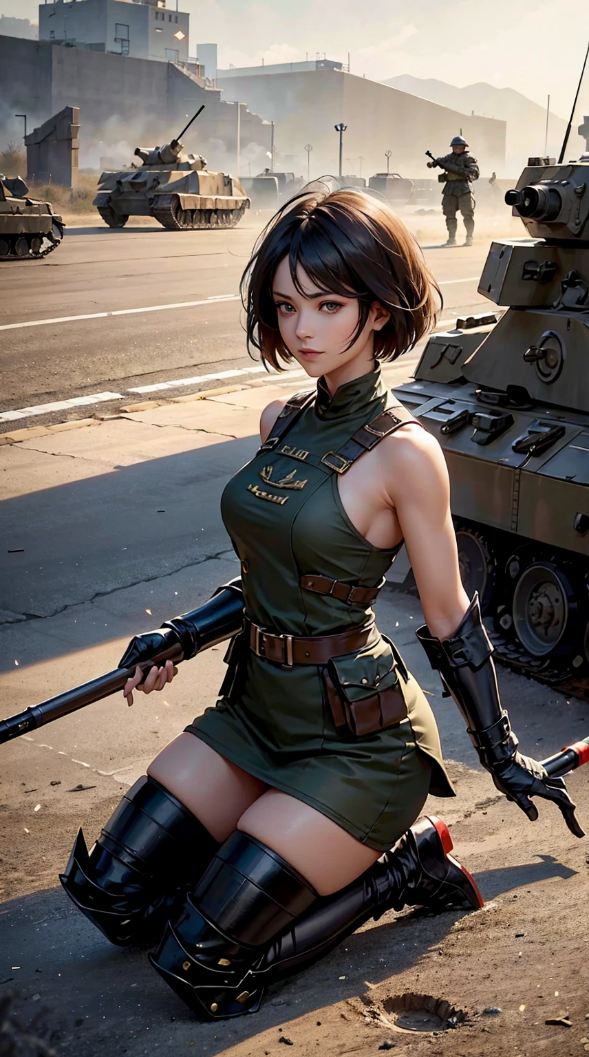 Short-haired woman holding a stick, jump Armored tanks, WWII Black General's Uniform, WWII Black Hat General, Ram Armor Division, Epic Punch, Armored tanks, and soldiers in the background,Red blood element,High quality shading, Balanced rendering, HD lighting and dark )<=(Epic image quality)Dark atmosphere with bright particle lights(There are many effects in the background)