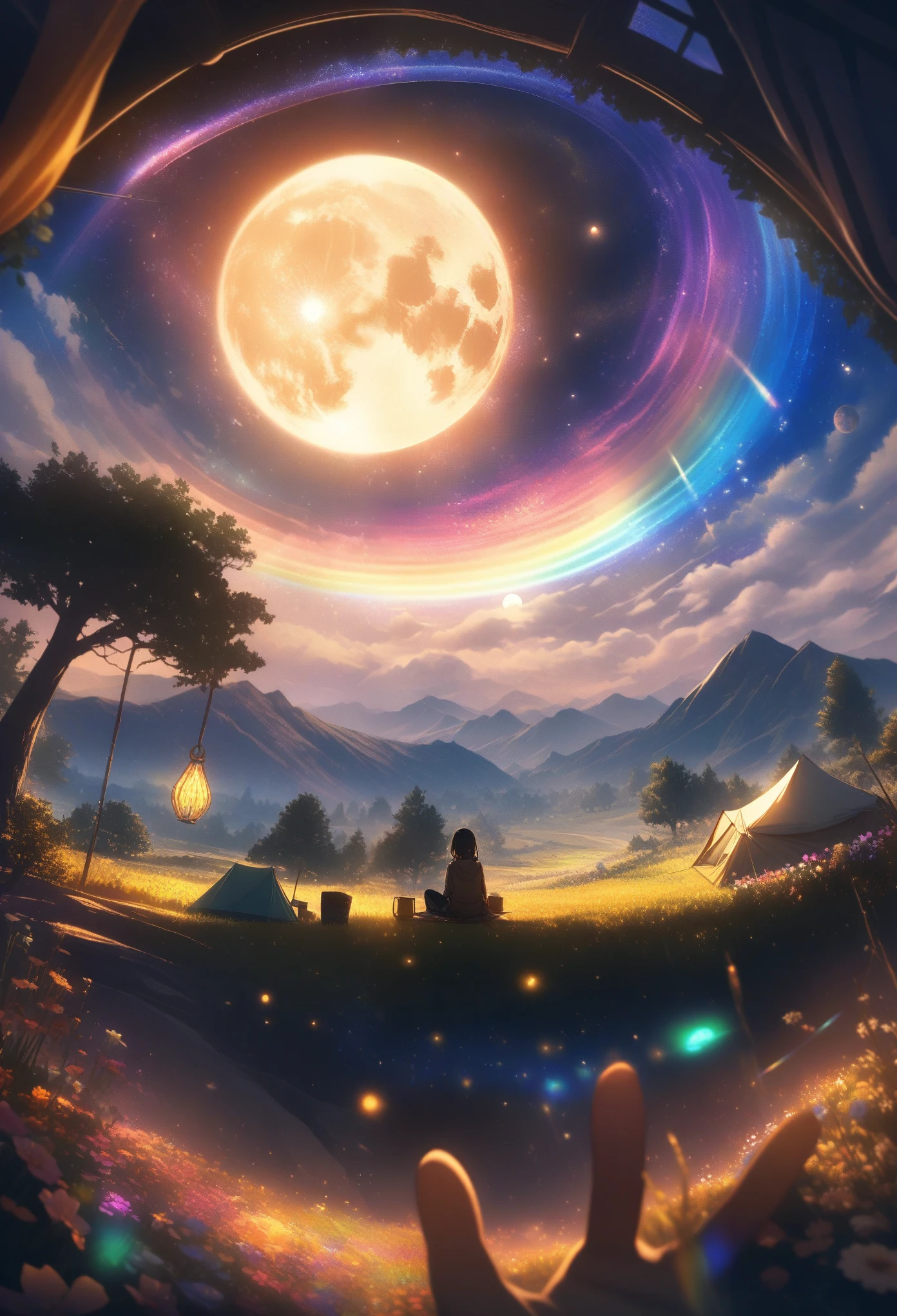 Comfortable campsite, Outdoor Camping, (tent), flashing, H, View Viewer, Solo Focus, Dynamic angle, Ultra-fine, Depth of Field, Wide-angle lens, Wide-ranging landscape photos ,( The field below as seen from above), Man sitting on flower field, (Full Moon), (meteor), (nebula), Distant Mountains, Tree , making art, (Warm light source), (firefly), lamp, Intricate details, Volumetric Lighting , (best quality), Extremely detailed, (dynamic composition), Very detailed, rich and colorful details,( Rainbow Colors), (Luminous lighting, Atmospheric lighting), Dreamy, magic, lens flare, (rich and colorful), lamp光, high resolution, Clear focus, Smooth, rich and colorful light, particle, Galaxy color scheme