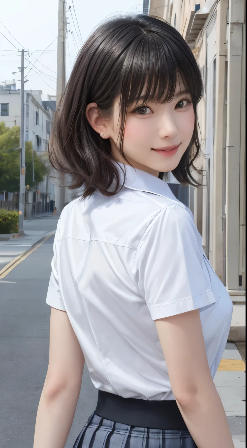 (masterpiece:1.3), (Realistic, RAW Photos, highest quality: 1.4), (One Girl), Beautiful Face, (超Realistic Face、シンメトリーのBeautiful Face), (Short black hair, short hair:1.6、bangs:1.3、Show off your beautiful ears), Beautiful Hairstyles, (Realistic eyes), Beautiful details, Long eyelashes, (Realistic Skin), Beautiful Skin, [Big Breasts:1.3], {Huge|big|Hugeな|Mega} chest, (Perfect body:1.3), (Detailed body:1.2), (tie), (Collared shirt, Pleated skirt:1.3), Absurd, charm, Ultra-high resolution, Ultra-realistic, Very detailed, Golden Ratio,Very cute beautiful woman、28 years old、Beautiful angle from behind、Background in front of the school building、smile、shut up.