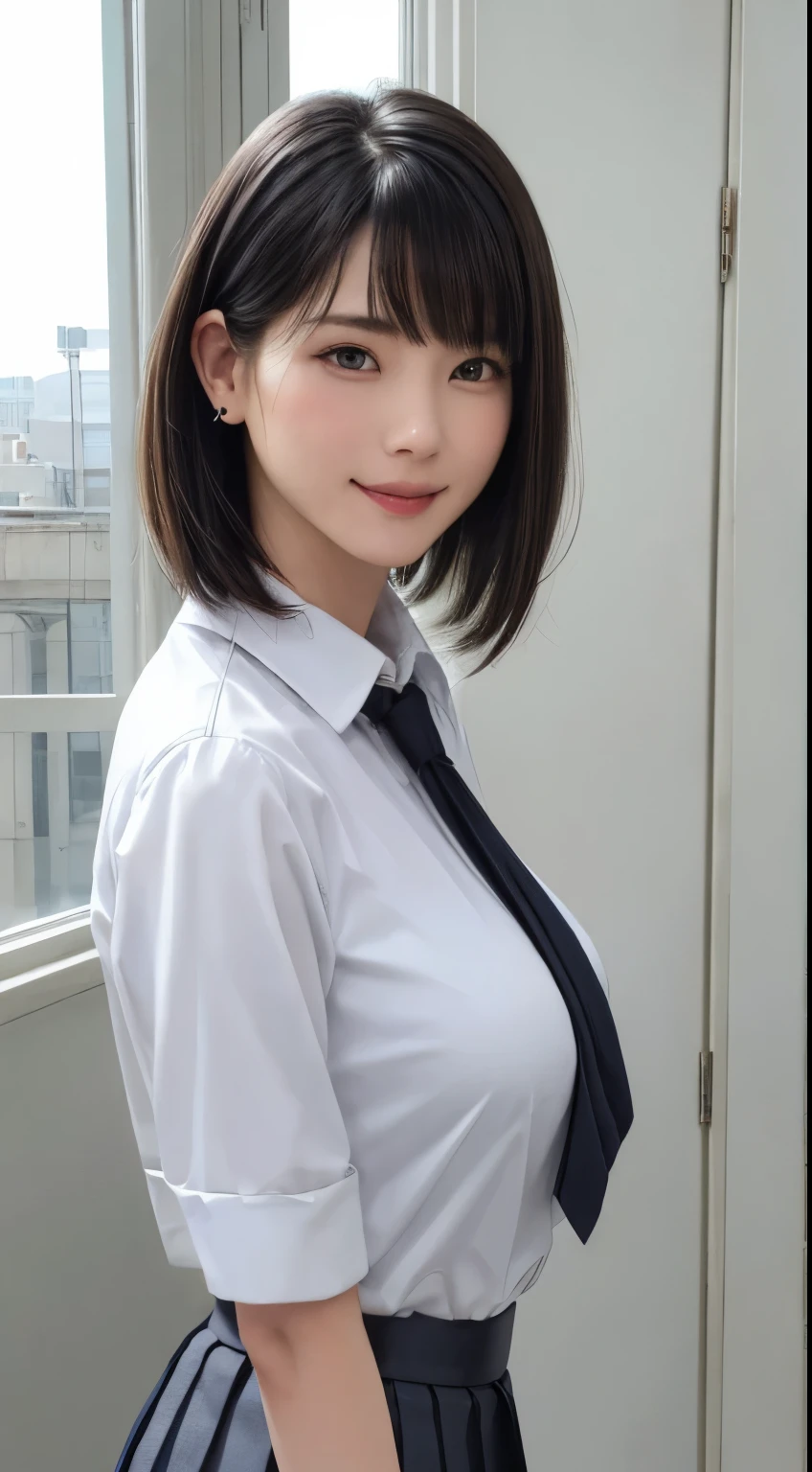 (masterpiece:1.3), (Realistic, RAW Photos, highest quality: 1.4), (One Girl), Beautiful Face, (超Realistic Face、シンメトリーのBeautiful Face), (Short black hair, short hair:1.6、bangs:1.3、Show off your beautiful ears), Beautiful Hairstyles, (Realistic eyes), Beautiful details, Long eyelashes, (Realistic Skin), Beautiful Skin, [Big Breasts:1.3], {Huge|big|Hugeな|Mega} chest, (Perfect body:1.3), (Detailed body:1.2), (tie), (Collared shirt, Pleated skirt:1.3), Absurd, charm, Ultra-high resolution, Ultra-realistic, Very detailed, Golden Ratio,Very cute beautiful woman、28 years old、Beautiful angle from behind、Background in front of the school building、smile、shut up.