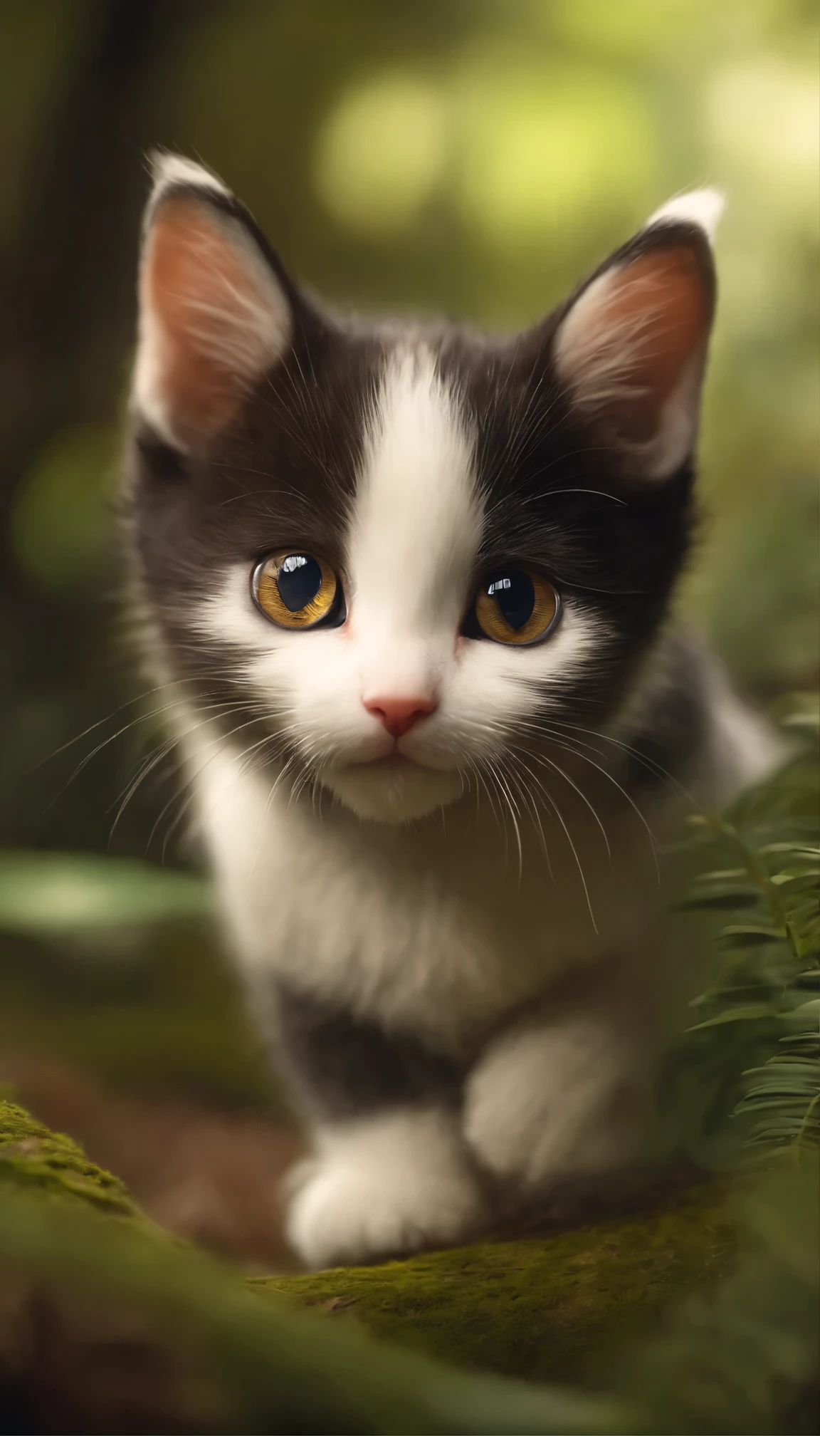 **[cutecore, tinycore, naturecore] tiny cute cat, forest, playing, looks enjoy, pixar style eyes