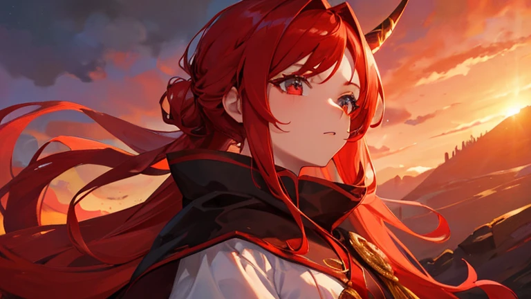 girl with red long hair, hair tied up, eyes upturned, cool girl, red sexy royal clothes, 8k resolution, red sky, horn, magic, fantasy 