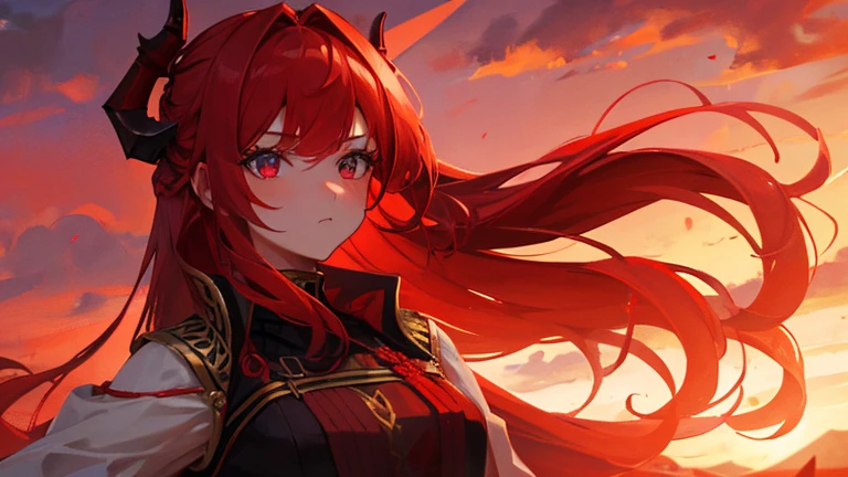 girl with red long hair, hair tied up, eyes upturned, cool girl, red sexy royal clothes, 8k resolution, red sky, horn, magic, fantasy 