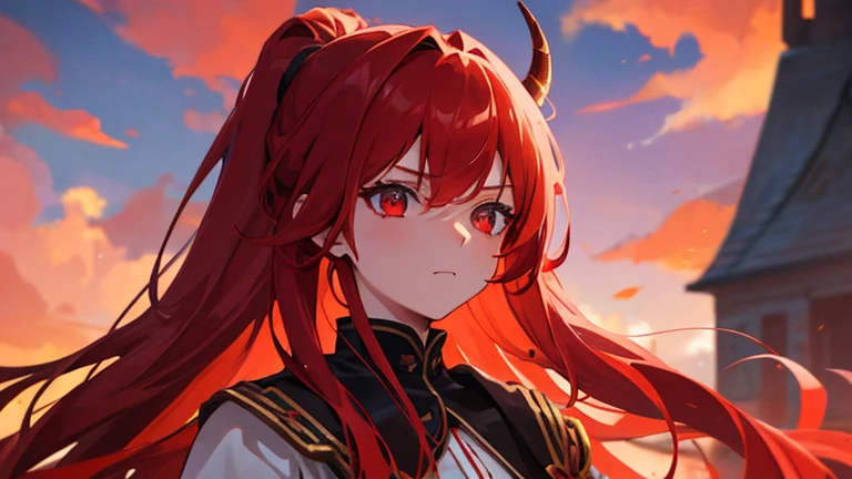 girl with red long hair, hair tied up, eyes upturned, cool girl, red sexy royal clothes, 8k resolution, red sky, horn, magic, fantasy 