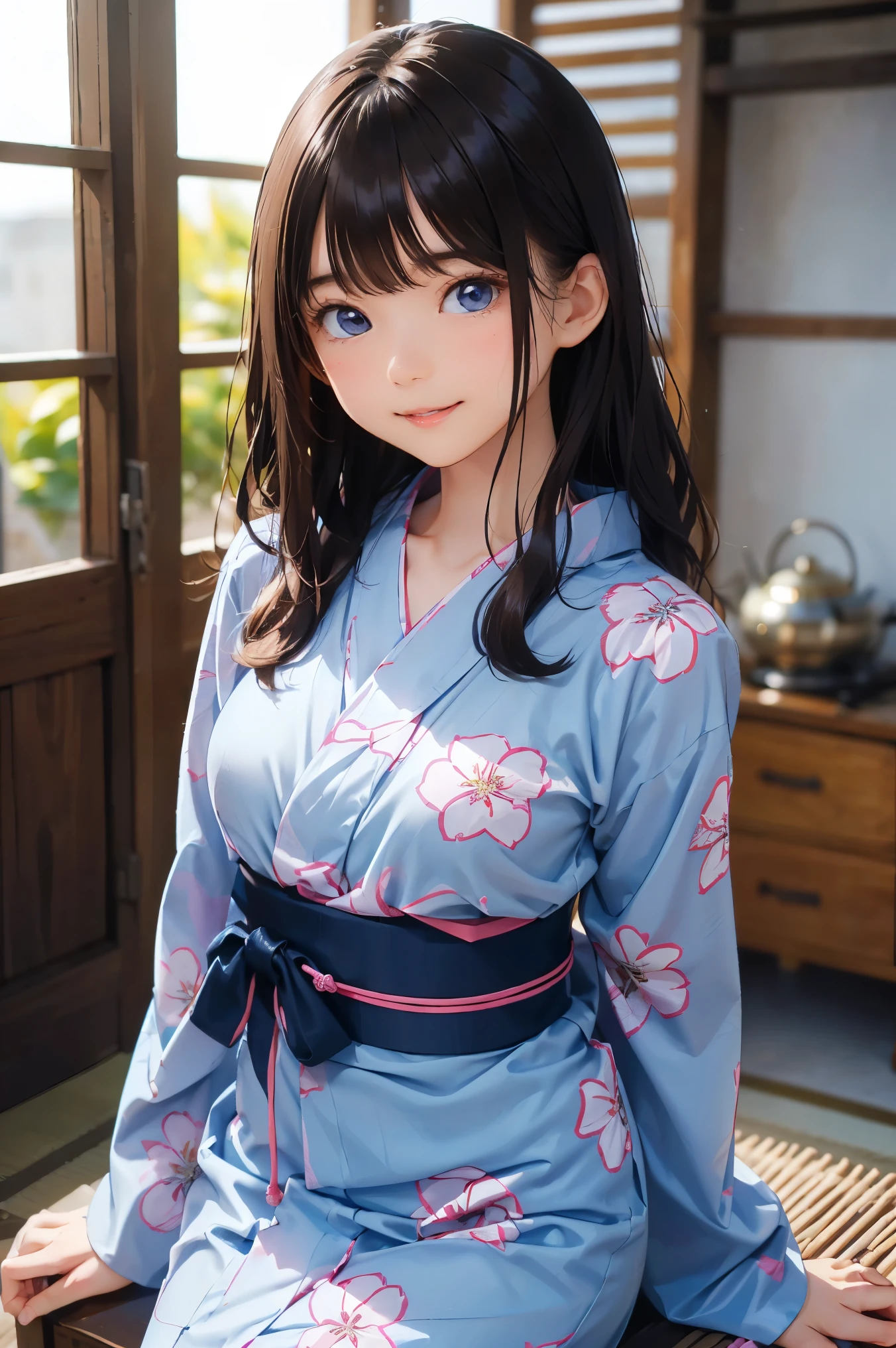 masterpiece,8k, (highest quality), (Best Shadow),((shrine)),Dynamic Lighting, (Maximum resolution), (smile),Backlight,Highly detailed face and skin texture, Delicate eyes, Dark blue eyes, double eyelid, Natural Cheeks, White skin: 1.2, (Glossy lips: 1.4),(pretty girl:1.3),(19 years old), (Wavy long hair), ((Dark brown hair:1.2)),((many floral printed yukata)),(crimson color yukata),(bell sleeves),huga breasts,thigh,(((pink and blue color clothes)))