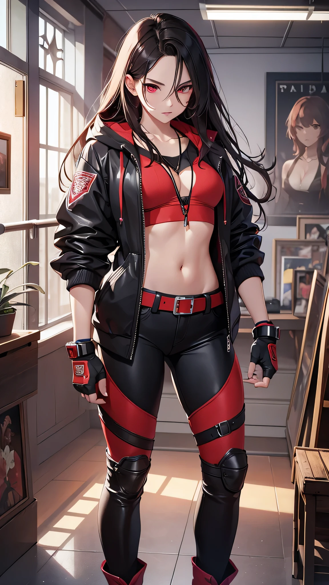 Highest quality、Highest quality、Masterpiece、girl((Metal body,Age 25、as soon as、Highest Bust、Medium Bust、Wide open chest、Red glowing eyes、Black Ear、Red Mesh、Disheveled Hair、Loincloth、thin、The best valley、Open chest、Luminous Wristbands、hair ornaments、Full body view、Black short-sleeved hoodie、Red pants、scar、cell phone、A little muscular、Ruby Necklace、No underwear))、high quality、Beautiful Art、background((night、Beautiful private room))、flight、Flying Debris、Depth of text、movie、Visual Arts、Perfect Art、8K、Genuine、