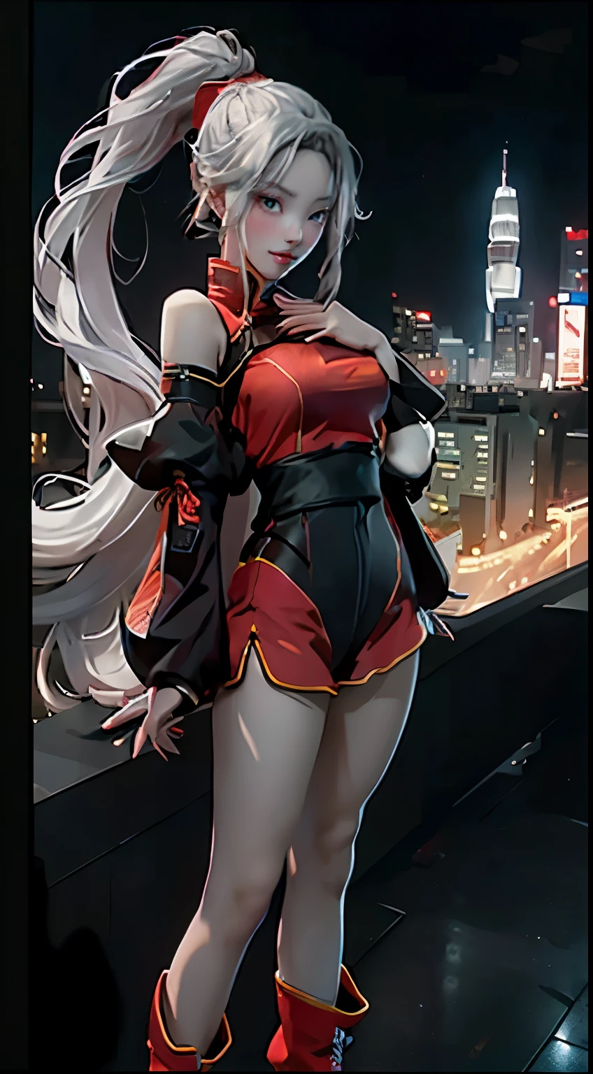 anime, (artwork, best quality, ultra-detailed, high contrast), 1 woman (Alone, full body, plus size body, standing on the edge of the skyscraper, silver hair, LONG In a ponytail, red eyes (detailed eyes), passionate expression, red lips (perfect lips), ruby sparkles, (simple black qipao), high heel boots neon pink), transparent black socks), (skyscraper roof, overlooking a city, detailed background ((night time, Darkness, low light pollution))) face in close