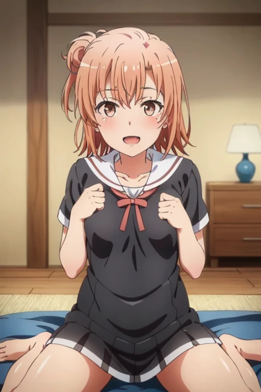 ((highest quality)), ((masterpiece)), (be familiar with), Perfect Face, indoor, Bedroom, Watching the audience,
One woman, Yuigahama Yui,
Open Mouth, Ecstatic expression, blush, smile,
Small breasts, Flat Chest, Young Girl, , , Girl,
Short Hair, Salmon-colored hair, Salmon-colored eyes, Side Pony,
Leg spread,