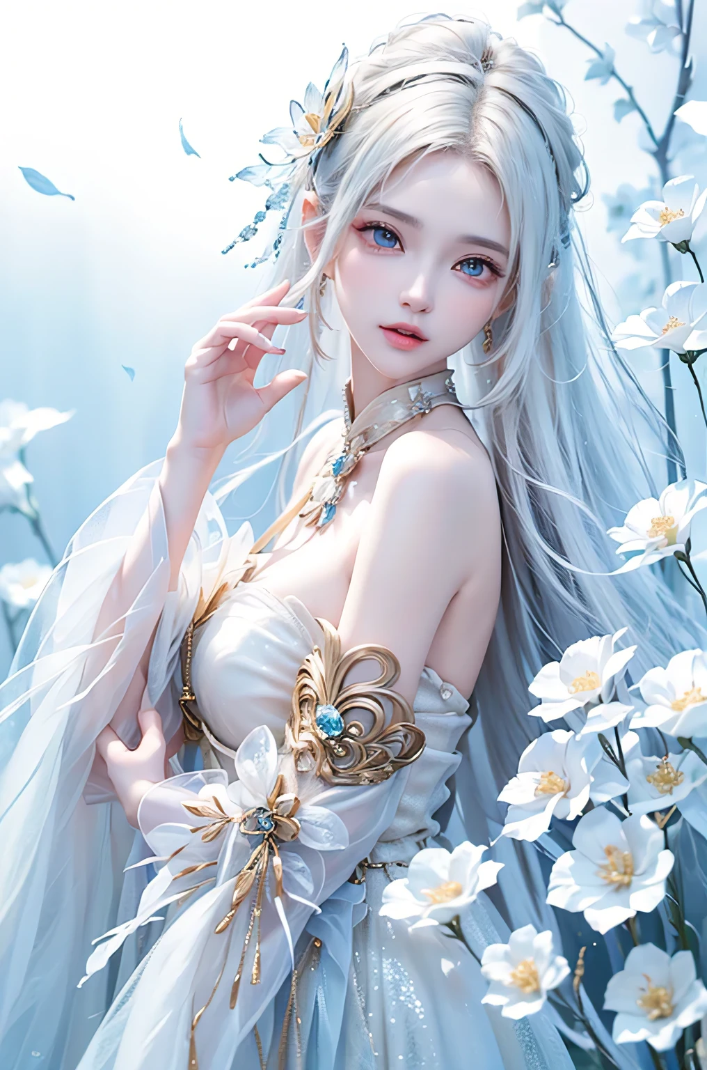 ((From the waist up))((masterpiece:1.5、8k、Portraiture、Photorealistic and very detailed CG、Very detailed、Particle Effects、Dynamic Effects、Written boundary depth、Cinematic Light、Lens flare、Ray Tracing、Tabletop、Realistic:1.4、超A high resolution:1.2、Realistic、Realistic))((alone、Woman in off-the-shoulder dress:1.4、Model-like pose、Ample breasts、Detailed face、brightexpression、young, bright, Whiter skin、Best Looks、Ultimate beauty、White hair with shiny highlights:1.8、bright and shiny hair,、Super long, Silky straight hair、Hair swaying in the wind))(Wonderful transparent flower々Surrounded by、White Background、Great background、Thin petals fluttering down)