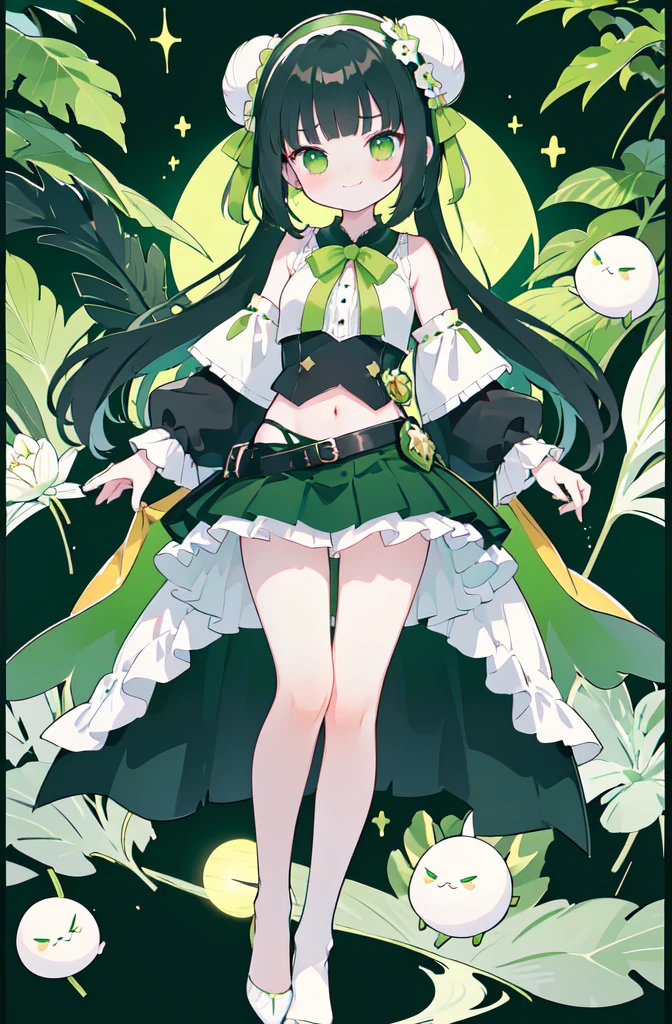 bishoujo, mature female, harem, idol, yuri,masterpiece,best quality,official art,extremely detailed CG unity 8k wallpaper,white double_bun, long hair, Fluorescent green and yellow hair,bob cut, blunt bangs,dark green Creeper ornament lolita hairband,little black hair bow, excited, embarrassed , blush, shy, nose blush , seductive smile, smirk, serious, scowl, smug, naughty_face, Grayish green eyes crop top,Dark green black long sleeved battle suit,Green edged black short pleated skirt,black green border White stockings,leg belt, leg lock, black garter belt,white loose socks, ((Handsome black dark green and white sports shoes)),Slim toes, elegant arches, curvaceous ankles, slender legs, rounded toe contours, smooth and delicate skin, warm and healthy skin tone,Slender and tender legs,