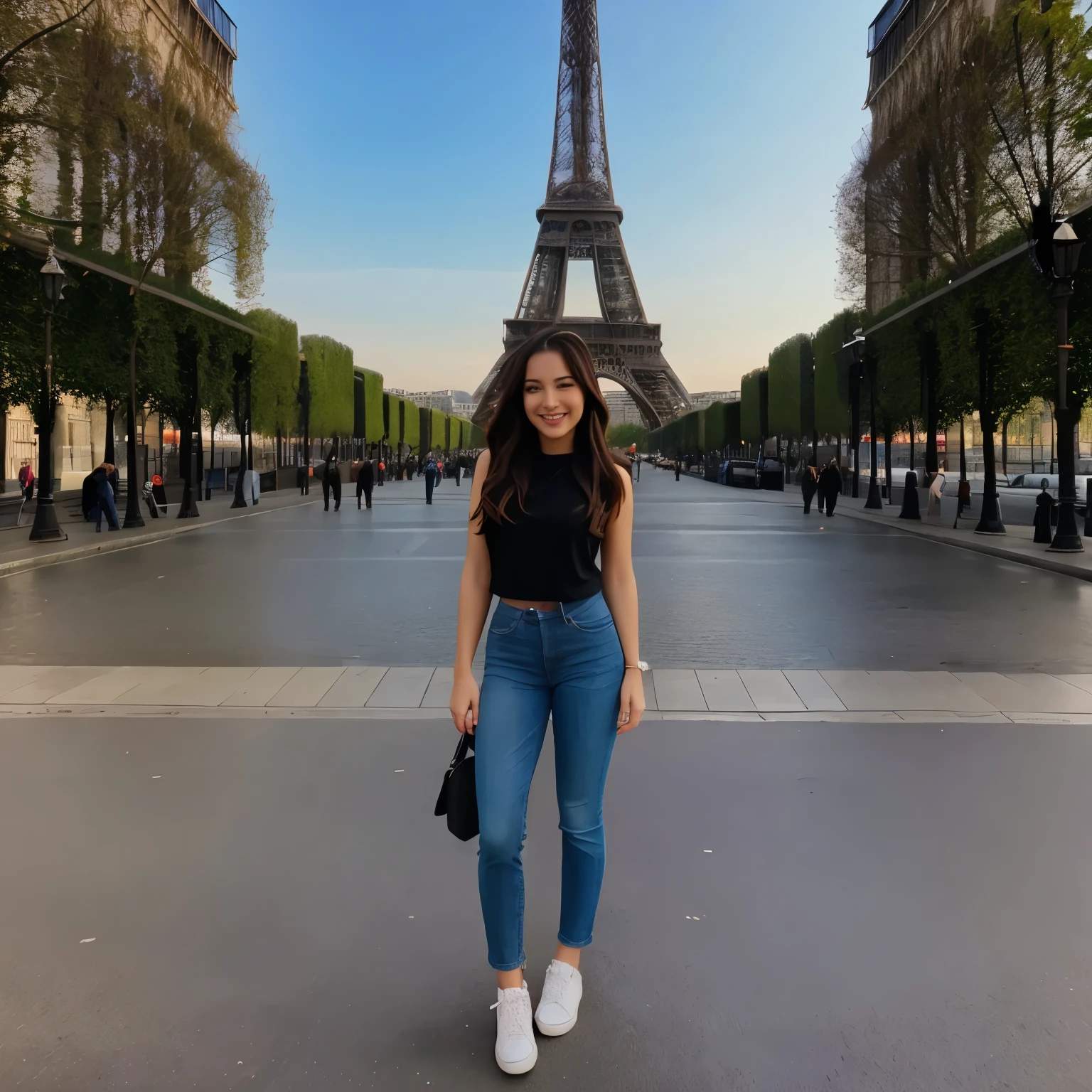 Beautiful woman in front of the Eiffel Tower in Paris posing happily with a smile on her face