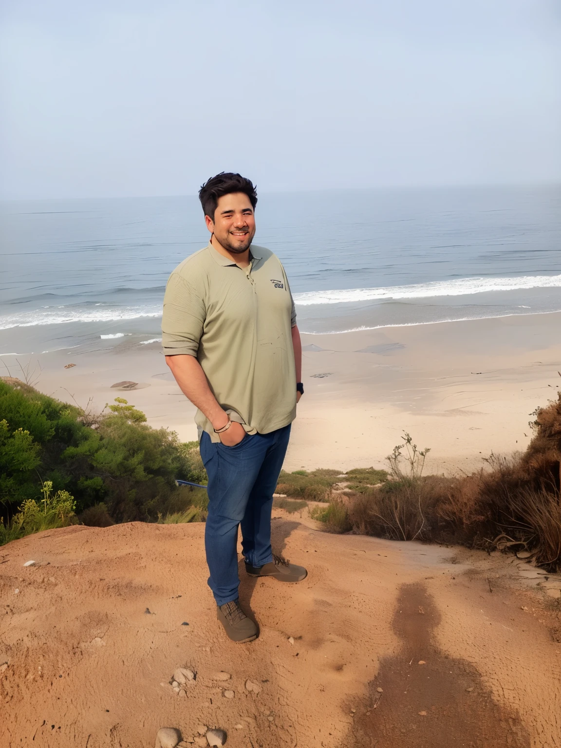 arafed man standing on a hill overlooking the ocean, standing at the beach, the ocean in the background, standing near the beach, at a beach, standing beside the ocean, ocean in the background, coast as the background, the sea in the background, at the sea, standing on a cliff, posing on a beach with the ocean, taken with sony alpha 9