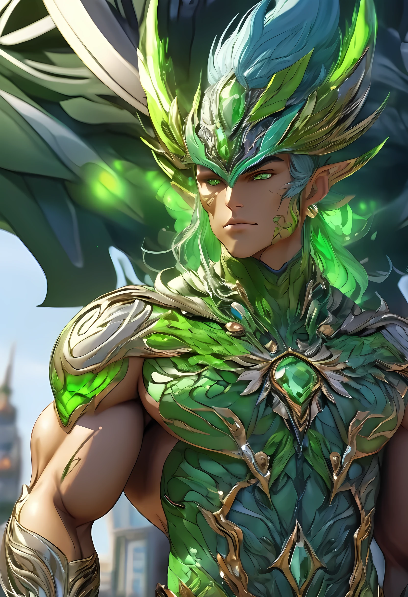 (((intricate design))) (((top quality))) (((16K))) (((High Definition))) 16K splash art (((photorealistic))) high-res, ultra sharp, ((masterpiece)), the best quality, expressive eyes, perfect face, (((druid outfit))) (((futuristic theme))) (((neon))) (((cybernetics))) robotic, Super eyes, perfectly detailed anatomy (((Volumetric lighting))) (((natural lights))) (((1Male))) (((Bodybuilder))), (((muscular))), (((hyper pecs))) there is a sexy mature man with green paint on his body, slick shaved sides hairstyle, ((thighs)) bodily fluids, round butt, green coloured skin, green skin! (((green coloured skin!!))), (((green skin))). (((green-skinned))), (((elegant robes))) ((green skin with scales)), ((green skin)), windy, (((in a city)), (((greenish skin))) plantation on the male body, windy, leaves falling (((a powerful nature deity))), elf ears, druid magic, cell-shaded adult animation, green gem necklace, hot reptile muscular humanoid man, muscular green body. Hazel eyes, glowing veins, nature spirit, long sash, transparent legs (((from below))),