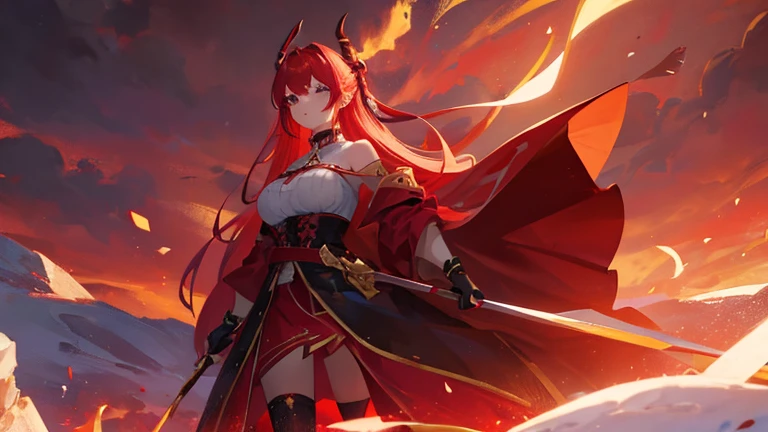 girl with red long hair, hair tied up, eyes upturned, cool girl, red sexy royal clothes, black stockings, 8k resolution, red sky, horn, magic, fantasy