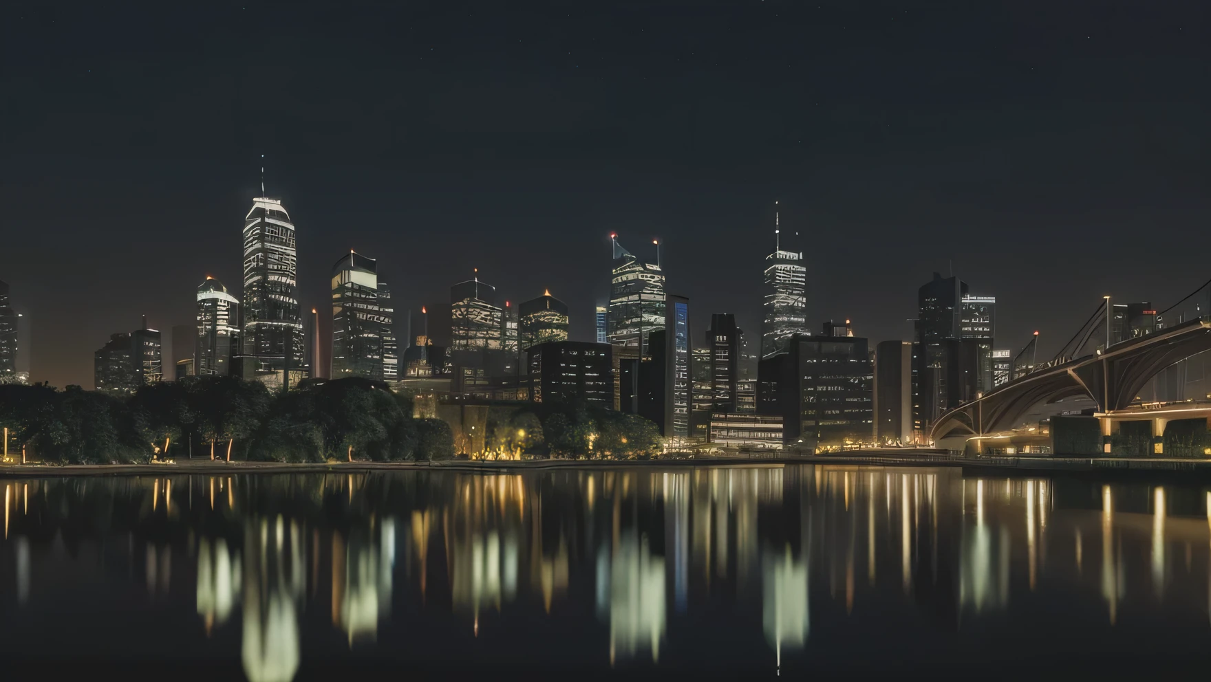 Create a sophisticated and stylish night cityscape featuring a vibrant skyline with modern skyscrapers. The scene should include reflections on a calm river, softly glowing streetlights, and a starry sky. Add a touch of vintage charm with classic cars and elegant streetlamps, creating an atmosphere of timeless elegance.
