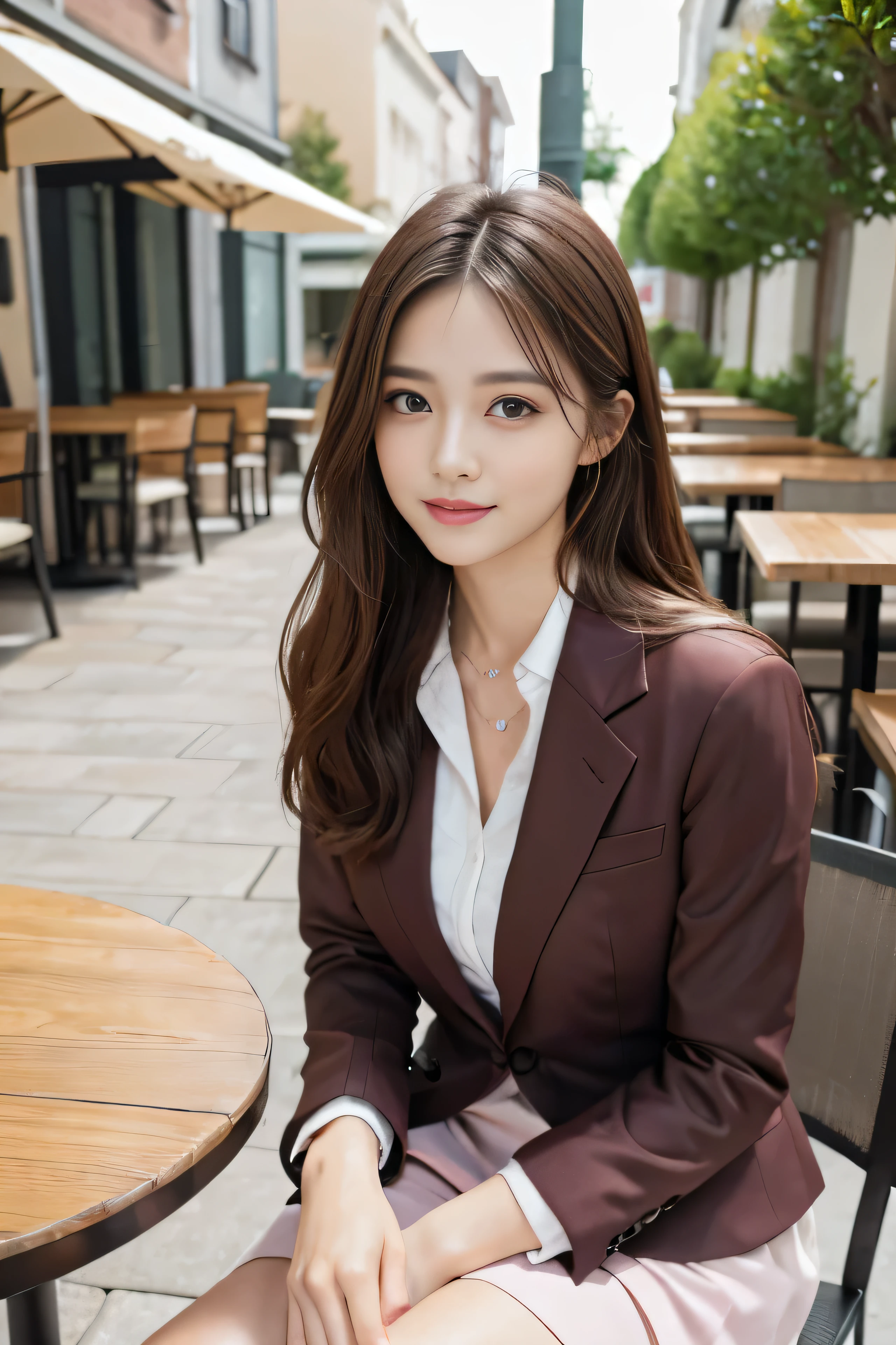 highest quality, Realistically, Very detailed, About pubic hair, High resolution, 8k wallpaper, One beautiful woman, Pink wet lips, Light brown messy hair, Wearing a suit, shirt, White Skirt, Lock focus, Perfect dynamic composition, Beautiful Eyes, Delicate Hair, Detailed Realistically skin texture, smile, Close-up portrait, Model Body Type, On the open terrace of the cafe, Blurred Background, (Full Body Shot), Take photos from a distance, Random body orientation,Sitting in a chair、