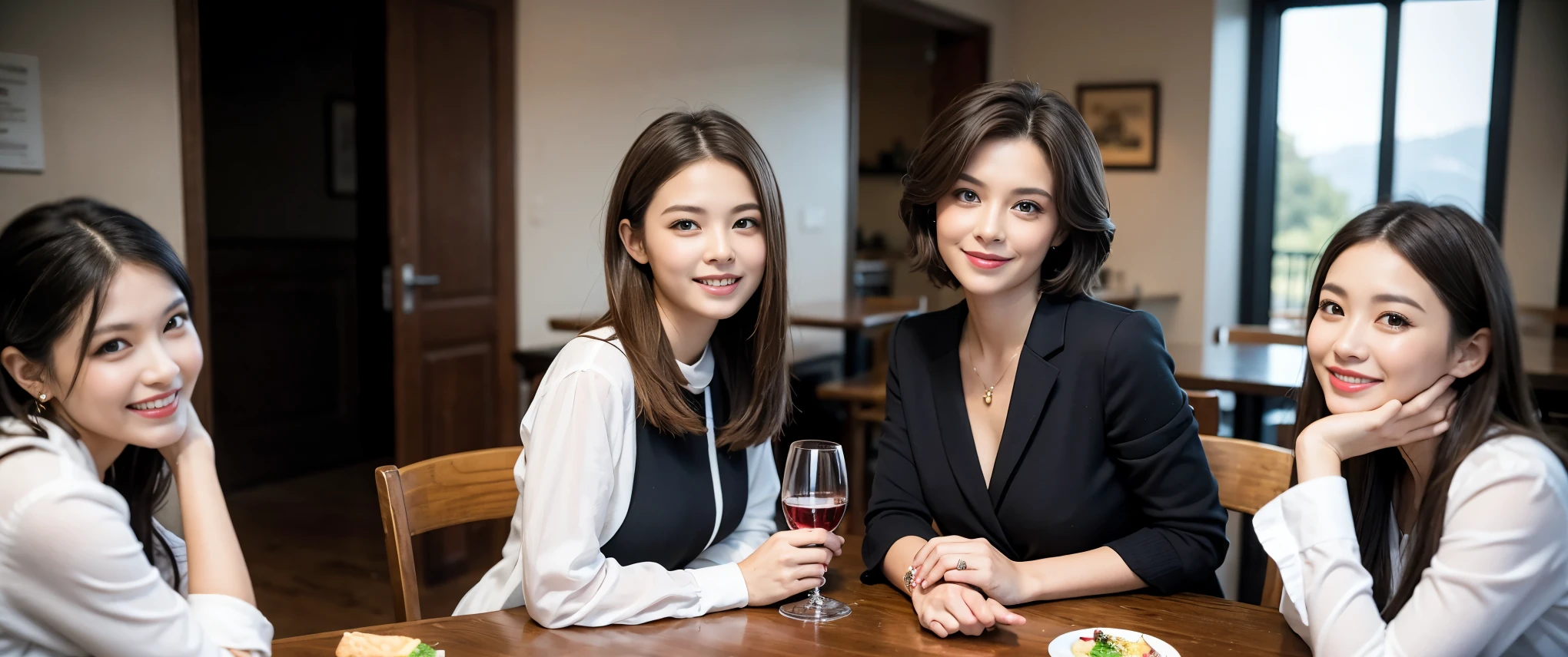 ((highest quality、8k、masterpiece:1.3))、1 male、1 female、Couple、spouse、Couple、Slim body、((Bob Hale、Straight hair:1.2)), (Realistic, Intricate details:1.2), Wine glass on the table、Shine light on your face、 Amazing view of the sunset sky and clouds、Amazing mountain views、A bright smile、The wonderfulness of smile、Bright image、The beauty of wine, Beautiful Face, blue eyes, The light shines on your face, Blushing, short hair,Bright Face、 (Age 37), 39 years old, red wine 、Appetizers、Italian food、Wine bottle、Champagne、sparkling wine、Two beauties、Brown Hair、Shortcuts、Long sleeve shirt、dress、Pretty Woman 1, (Slim face), (The body is slim), (Brown Hair), (Shortcuts), cheeks turn a little red,Attractive beauty、restaurant, In a prominent place (From the waist up) Nova Frog Style, actress, model, Upper Body, White wine, slim, wine glass, Wine glass placed in the center, smile, (smile: 1.15), Beautiful fine grain, Depth f/2,saturation, High Contrast, Strong light and shadow,Moist Body:1.5、3D texture、Delicate eyes、Brown Hair、The hair is very shiny、