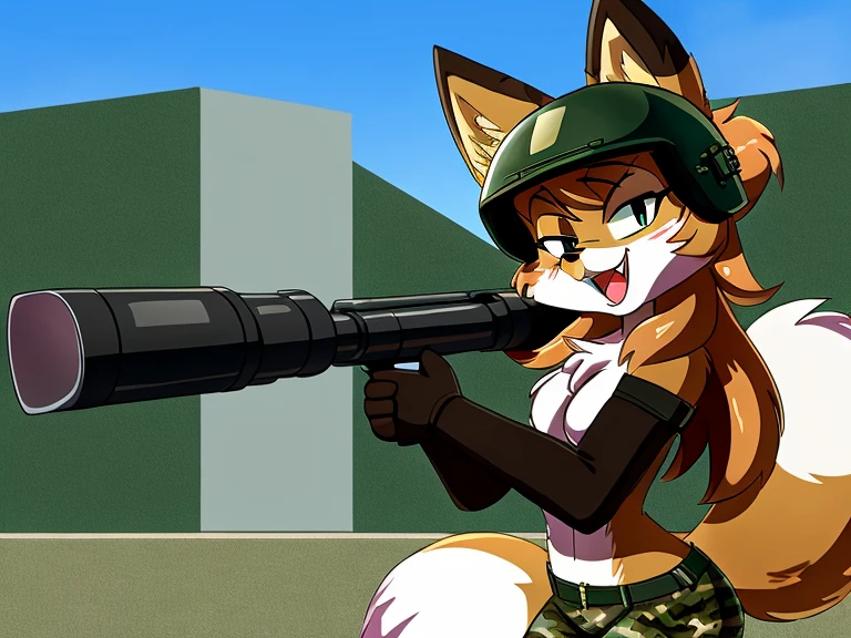 Nervous smiling, uploaded the e621, army base background, green walls, camo, missiles in background, beautiful and detailed, woman (((female))) ((anthro)) Fox, (Averi, Fox girl), cinematic lighting, Fox, (anthro, fluffy fur, character focus:1.1), 1girl, anthro fox girl, body fur, curvy, sexy, nice, cute, hot, sassy, sassy hips, fangs, smug, comfortable anime-style cartoon-style, digital drawing, half-closed eyes, SFW, flat chest, dancing, looking excited, dynamic pose, mouth open, music, music notes, holding a rocket launcher, rocket launcher, soldier helmet, wearing a helmet, holding a shovel in hand