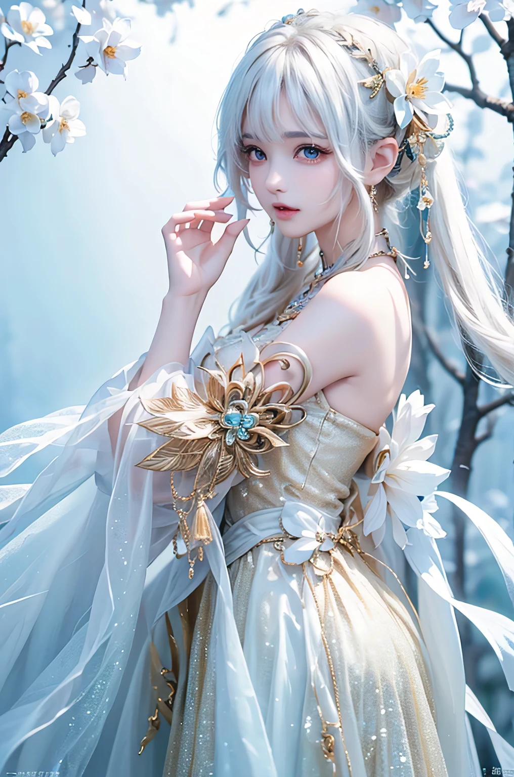 ((From the waist up))((masterpiece:1.5、8k、Portraiture、Photorealistic and very detailed CG、Very detailed、Particle Effects、Dynamic Effects、Written boundary depth、Cinematic Light、Lens flare、Ray Tracing、Tabletop、Realistic:1.4、超A high resolution:1.2、Realistic、Realistic))((alone、Woman in off-the-shoulder dress:1.4、Model-like pose、Ample breasts、Detailed face、brightexpression、young, bright, Whiter skin、Best Looks、Ultimate beauty、White hair with shiny highlights:1.8、bright and shiny hair,、Super long, Silky straight hair、Hair swaying in the wind))(Wonderful transparent flower々Surrounded by、White Background、Great background、Thin petals fluttering down)
