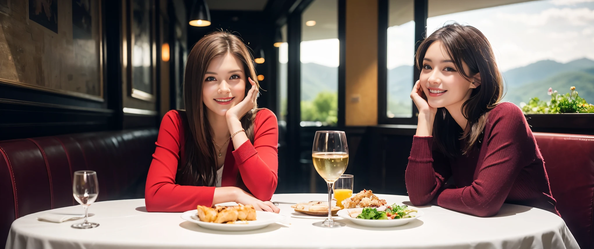 ((highest quality、8k、masterpiece:1.3))、1 male、1 female、Couple、spouse、Couple、Slim body、((Bob Hale、Straight hair:1.2)), (Realistic, Intricate details:1.2), Wine glass on the table、Shine light on your face、 Amazing view of the sunset sky and clouds、Amazing mountain views、A bright smile、The wonderfulness of smile、Bright image、The beauty of wine, Beautiful Face, blue eyes, The light shines on your face, Blushing, short hair,Bright Face、 (Age 37), 39 years old, red wine 、Appetizers、Italian food、Wine bottle、Champagne、sparkling wine、Two beauties、Brown Hair、Shortcuts、Long sleeve shirt、dress、Pretty Woman 1, (Slim face), (The body is slim), (Brown Hair), (Shortcuts), cheeks turn a little red,Attractive beauty、restaurant, In a prominent place (From the waist up) Nova Frog Style, actress, model, Upper Body, White wine, slim, wine glass, Wine glass placed in the center, smile, (smile: 1.15), Beautiful fine grain, Depth f/2,saturation, High Contrast, Strong light and shadow,Moist Body:1.5、3D texture、Delicate eyes、Brown Hair、The hair is very shiny、