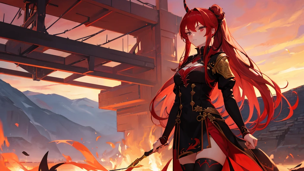 girl with red long hair, hair tied up, eyes upturned, cool girl, red sexy royal clothes, black stockings, 8k resolution, red sky, horn, magic, fantasy