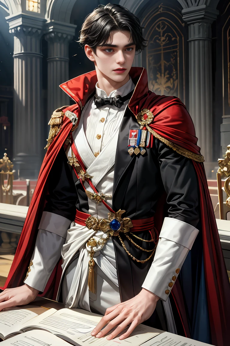 
masterpiece, 最high quality, high quality, 1 boy, alone, Male focus, Watching the audience,  Messy black hair, Adorable big blue eyes, White, Noble, Noble, Sexy Vampire Bomber Cape、A very voluminous, large, very large, very large, long, long red and black cape with a high stand-up collar, made of a lot of fabric that reaches down to the floor., 16 years old,Cute beautiful boys,Cute, cute, kind, handsome guy