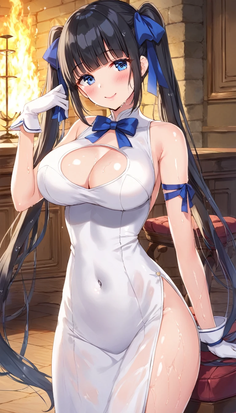 masterpiece, best quality, ultra-detailed, extremely detailed, intricate, absurdres, looking at viewer, (hestia), 1girl, solo, indoors, stone room with fireplace, wooden chair, skindentation, curvy, long hair, blue ribbon, twintails, gloves, ribbon, wet, dress, rei no himo, large breasts, blue eyes, black hair, white gloves, cleavage, white dress, (innocent_big_eyes:1.0),alluring, embarrassed, shiny smile, long eyelashes, eyeliner, eyeshadow, mascara, colorful, pink lips, hair ribbon, bow, sleeveless, sleeveless dress, blunt bangs hairs between eyes, blush, cleavage cutout, hair ornament, bowtie, clothing cutout, very long hair, covered navel, arm ribbon, wide hips, narrow waist, shiny skin, tight, taut dress, virginal, pose, 