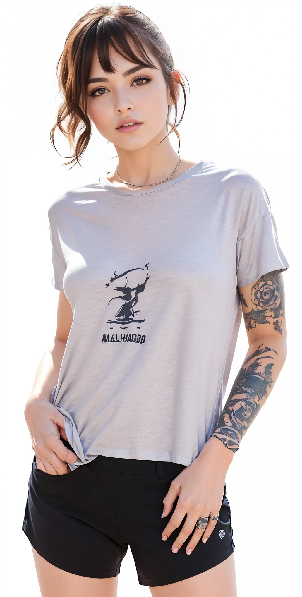 A woman with tattoos on her arms and arms is posing, camisa cinza, camisa de malha, Manga curta, camiseta, camiseta esportiva, metallic reflective skin, cinza claro, solid gray, roupas esportivas, solid gray, velvia, camiseta molhada, camiseta molhada, zido, maxar, vestindo uma camiseta, camiseta molhada
