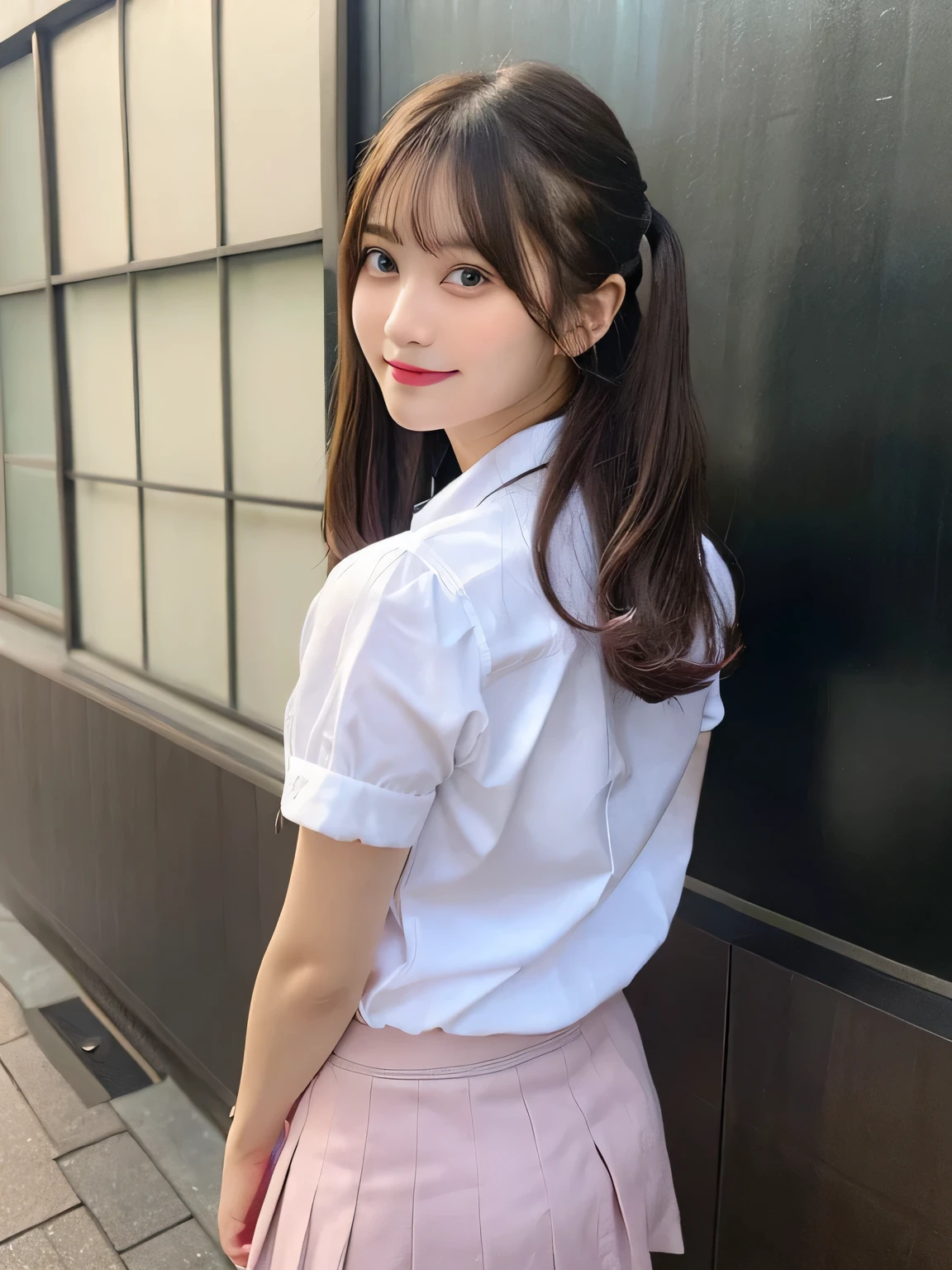 highest quality、figure、Back view、Show your back、The face is facing straight ahead、Stick your butt out、sexy、Ultra-detailed、High resolution、8k wallpaper、Perfect dynamic composition,、Beautiful fine details、Natural color lip、Bold sexy pose、smile、16-year-old girl、cute、Sexy shot looking at the camera、(highest quality: 1.3), (masterpiece: 1.3), (Super Detail: 1.3), (One Girl: 1.1), (Detailed hands and fingers:1.2)、(Ultra-oily, lustrous skin with attention to detail:1.1)、Oily、(The perfect school girl uniform:1.3)、Short-sleeved shirt with front opening、Cleavage、sexy、(Beautiful shapely small breasts:1.3)、(Pink mini skirt:1.2)、I can see your thighs、Brown Hair、Twin tails、Beautiful sister、Light blue wall,sexy、I can see your thighs、