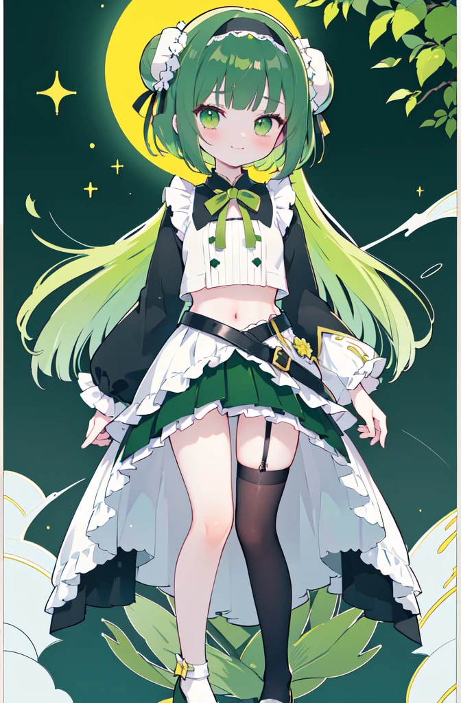 bishoujo, mature female, harem, idol, yuri,masterpiece,best quality,official art,extremely detailed CG unity 8k wallpaper,white double_bun, long hair, Fluorescent green and yellow hair,bob cut, blunt bangs,dark green Creeper ornament lolita hairband,little black hair bow, excited, embarrassed , blush, shy, nose blush , seductive smile, smirk, serious, scowl, smug, naughty_face, Grayish green eyes crop top,Dark green black long sleeved battle suit,Green edged black short pleated skirt,black green border White stockings,leg belt, leg lock, black garter belt,white loose socks, ((Handsome black dark green and white sports shoes)),Slim toes, elegant arches, curvaceous ankles, slender legs, rounded toe contours, smooth and delicate skin, warm and healthy skin tone,Slender and tender legs,