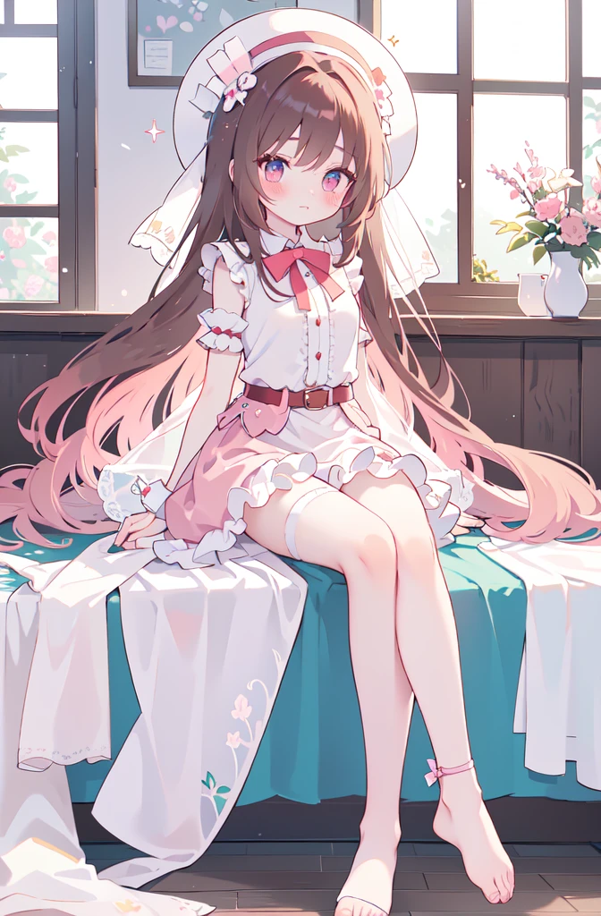 bishoujo, student, idol, yuri, harem,masterpiece,best quality,official art,extremely detailed CG unity 8k wallpaper,, long hair, dark reddish brown hair,swept bangs, cute face, beautiful detailed eyes, aqua eyes, embarrassed , blush, shy, looking at viewer, greyish pink eyes,White short sleeved pajamas,leg belt, leg lock, neck garter, transparent underwear, Light pink white stockings with high transparency, no shoes,arm strap, armlet, A light pink sleeping hat with animal ears and a red bow on top,Slim toes, elegant arches, curvaceous ankles, slender legs, rounded toe contours, smooth and delicate skin, warm and healthy skin tone,Slender and tender legs,