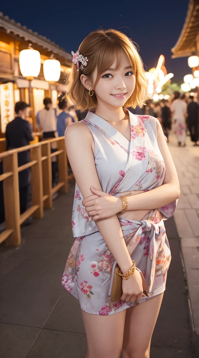 flying debris、highest quality、An illustration、highest quality、Understood、High resolution、8k wallpaper、Perfect dynamic composition、(((Ezvian Everywhere)))、((From below))、Beautiful and cute 20 year old girl、Beautiful face in every detail、Delicate and cute eyes、Fine skin、Red cheeks.、shy、(Semi-short hair:1.3)、(wavy blonde hair)、Small breasts、Bold sexy pose、smile、Small breasts、Between the legs、Small Ass、Thin ass、Generated on the eaves.、Narrow shoulders、wavy blonde hair、blonde、Heart-shaped earrings、smile、、Gold bracelet、Summer festival、in yukata、Wearing a large floral yukata、Tie your hair back、Fireworks Festival Venue、night、Fireworks in the background、