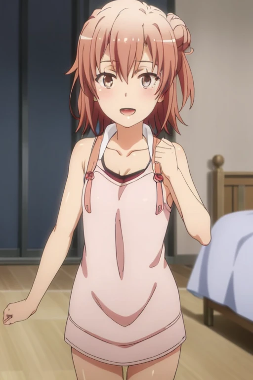 ((highest quality)), ((masterpiece)), (be familiar with), Perfect Face, indoor, Bedroom, Watching the audience,
One woman, Yuigahama Yui,
Open Mouth, Ecstatic expression, blush, smile,
Small breasts, Flat Chest, Young Girl, , , Girl,
Short Hair, Salmon-colored hair, Salmon-colored eyes, Side Pony,
Leg spread,