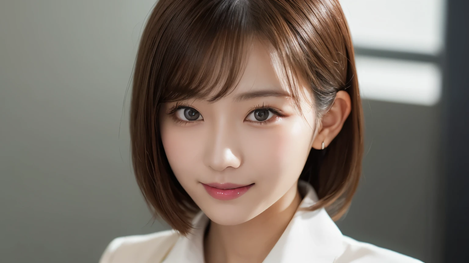 (Very detailed CG Unity 8k wallpaper, highest quality, Very detailed, Looking at the camera:1.2, The light shines on your face:1.5, Gray background, Professional Lighting), Japan female, 26 years old, Upper body composition with brightly lit face. She has an oval face, Soft arched eyebrows, bright expressive eyes,, pronounced nose, And a friendly smile. Her hair is shoulder-length, straight, Dyed a light chestnut color. She is wearing a smart casual blouse, Probably soft colors, Paired with a chic blazer, Embody her lively and sociable personality