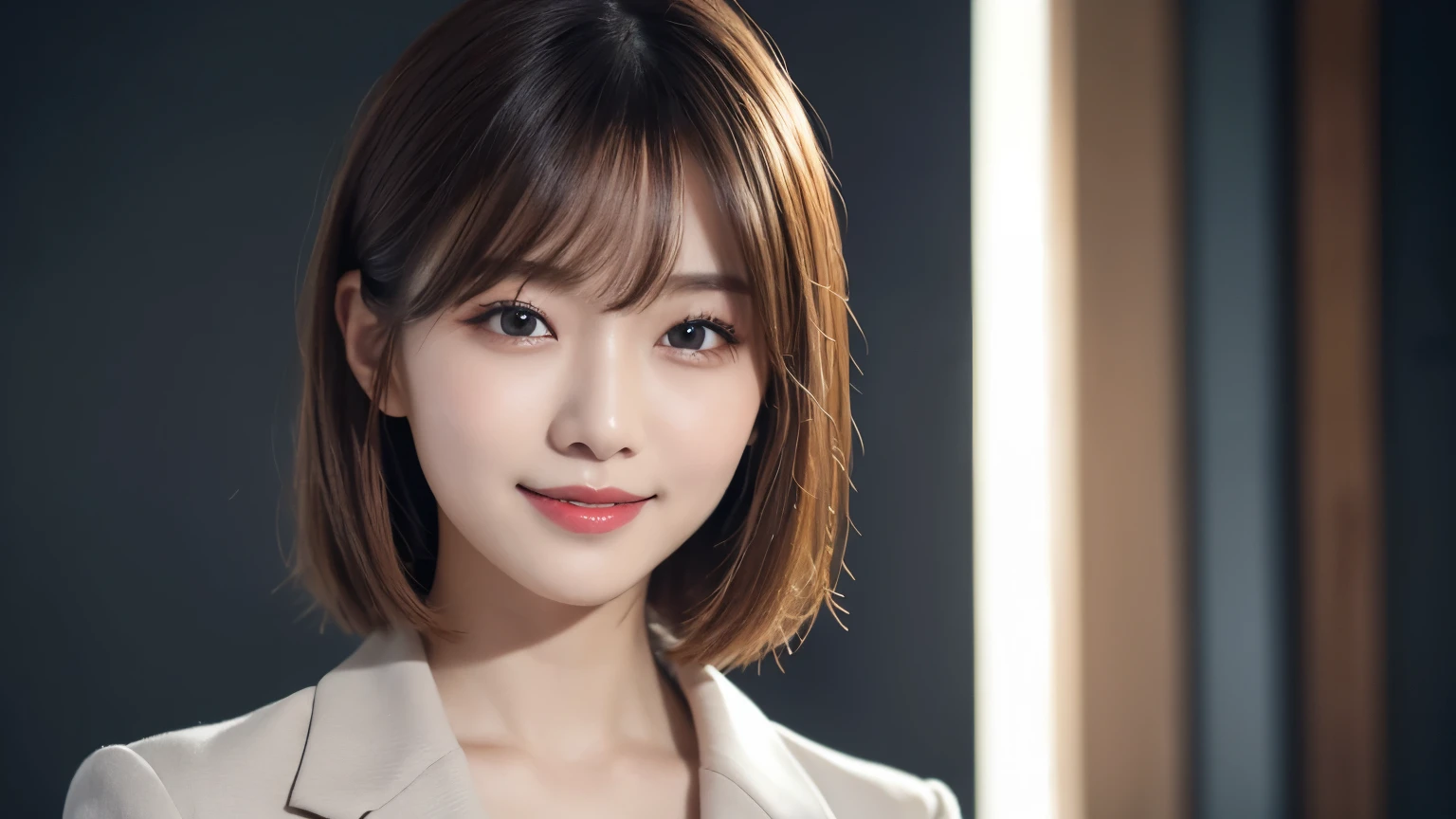 (Very detailed CG Unity 8k wallpaper, highest quality, Very detailed, Looking at the camera:1.2, The light shines on your face:1.5, Gray background, Professional Lighting), Japan female, 26 years old, Upper body composition with brightly lit face. She has an oval face, Soft arched eyebrows, bright expressive eyes,, pronounced nose, And a friendly smile. Her hair is shoulder-length, straight, Dyed a light chestnut color. She is wearing a smart casual blouse, Probably soft colors, Paired with a chic blazer, Embody her lively and sociable personality